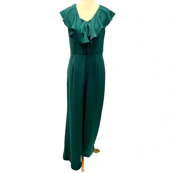 The Impeccable Pig Hunter Green Ruffle V Neck Wide Leg Jumpsuit Women’s Medium - Picture 2 of 10